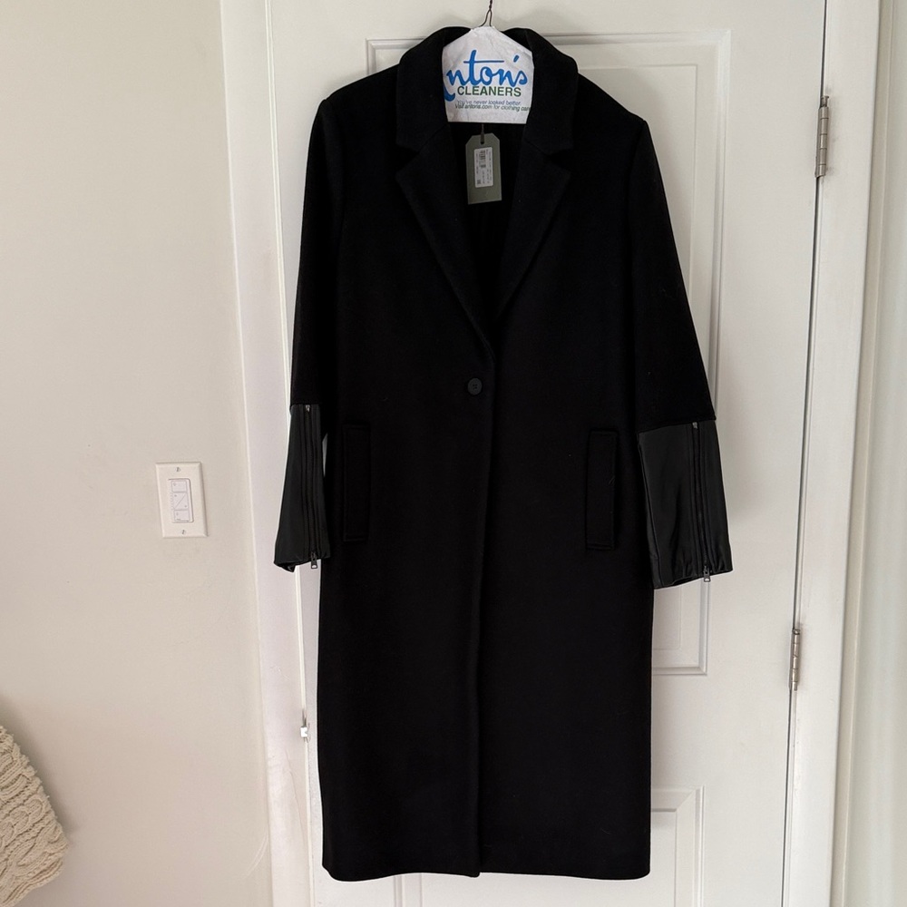 All Saints Taylor Black Trench Coat with Leather Sleeve Cuffs